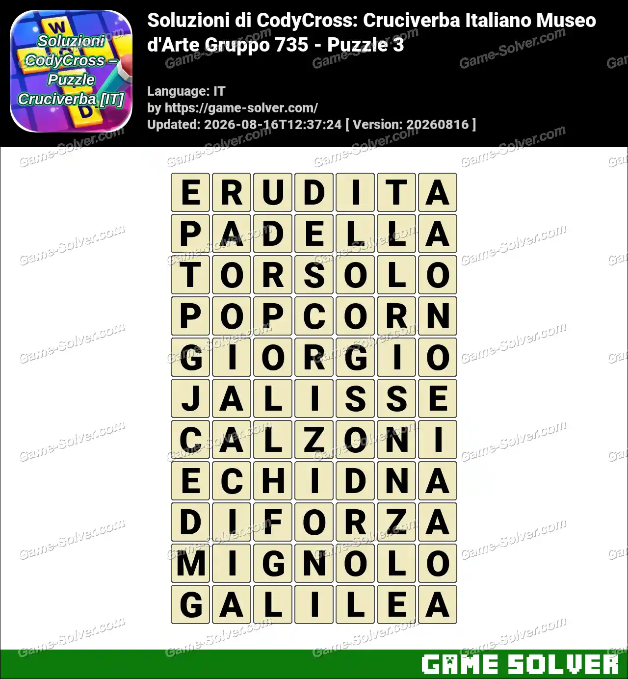 Soluzioni di CodyCross: Cruciverba Italiano Museo d’Arte Gruppo 735 – Puzzle 3